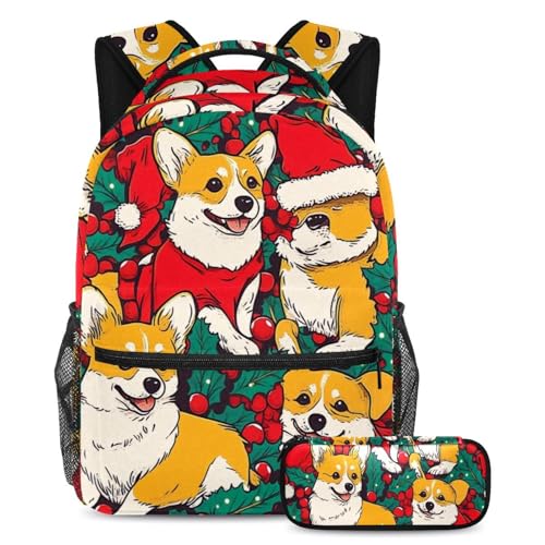 VAPOKF Weihnachts-Corgi-Hundeschultaschen-Set für Teenager, Mädchen, Jungen, Kinder, Schüler-Büchertasche, Rucksack mit Federmäppchen für die Grundschule, multi, Einheitsgröße, Schulranzen-Set von VAPOKF