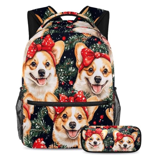 VAPOKF Weihnachts-Corgi mit rotem Haarband, Schulranzen-Set für Teenager, Mädchen, Jungen, Kinder, Schüler-Büchertasche, Rucksack mit Federmäppchen für die Grundschule, multi, Einheitsgröße von VAPOKF