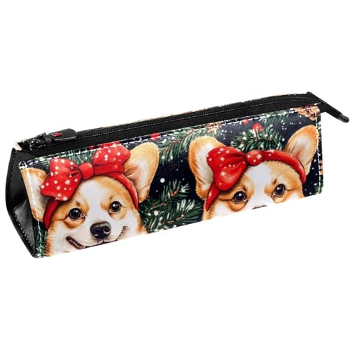 VAPOKF Weihnachts-Corgi mit rotem Haarband, Stiftetasche, Schreibwaren-Tasche, Kosmetiktasche, kompakte Reißverschlusstasche von VAPOKF