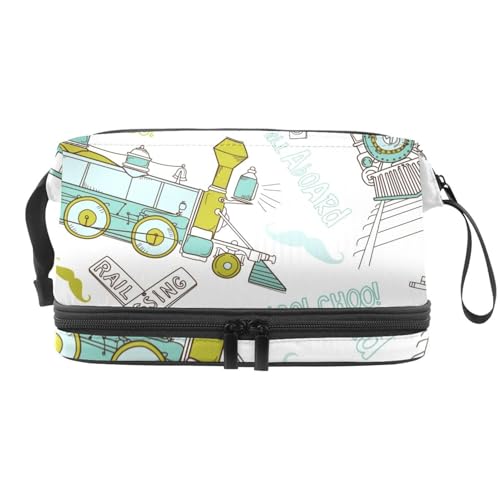 Vinatge Dampfzug und Eisenbahn Doppellagige Kosmetiktasche für Frauen und Mädchen, Reise-Kulturbeutel, Make-up, praktische Tasche, Organizer-Tasche mit Bürstenfach, multi, 27x15x14 cm/10.6x5.9x5.5 in, von VAPOKF