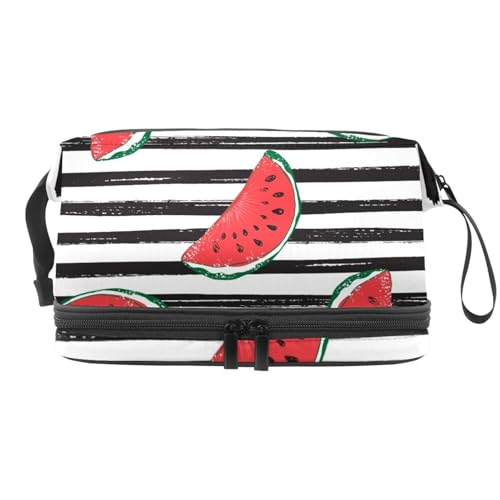 Wassermelone Sommerfrüchte auf schwarz-weißen Streifen, doppellagige Kosmetiktasche für Damen und Mädchen, Reise-Kulturbeutel, Make-up, praktische Tasche, Organizer-Tasche mit Pinselfach, multi, von VAPOKF