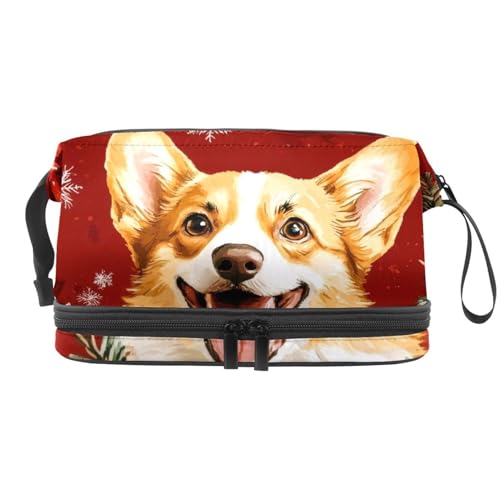 Weihnachten Corgi Pine Leaf Berry Doppellagige Kosmetiktasche für Damen und Mädchen, Reise-Kulturbeutel, Make-up, praktische Tasche, Organizer-Tasche mit Pinselfach, multi, 27x15x14 cm/10.6x5.9x5.5 von VAPOKF