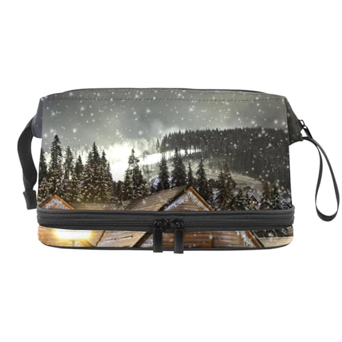 Weihnachten Snow House Doppellagige Kosmetiktasche für Damen und Mädchen, Reise-Kulturbeutel, Make-up, praktische Tasche, Organizer-Tasche mit Pinselfach, multi, 27x15x14 cm/10.6x5.9x5.5 in, von VAPOKF