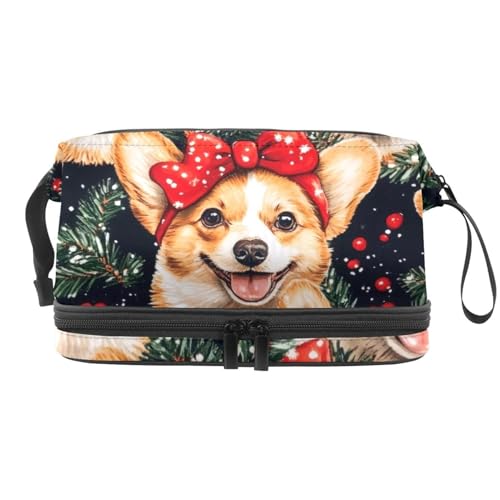 Weihnachts-Corgi mit rotem Haarband, doppellagig, Kosmetiktasche für Damen und Mädchen, Reise-Kulturbeutel, Make-up, praktische Tasche, Organizer-Tasche mit Pinselfach, multi, 27x15x14 cm/10.6x5.9x5.5 von VAPOKF