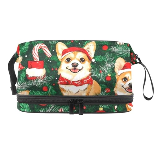 Weihnachts-Kosmetiktasche mit Corgi Bells-Geschenken, doppellagig, für Damen und Mädchen, Reise-Kulturbeutel, Make-up, praktische Tasche, Organizer-Tasche mit Pinselfach, multi, 27x15x14 von VAPOKF