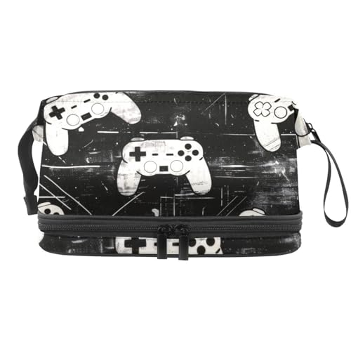 Weiße Kosmetiktasche mit Gamepad auf Grunge, schwarz, doppellagig, für Damen und Mädchen, Reise-Kulturbeutel, Make-up, praktische Tasche, Organizer-Tasche mit Pinselfach, multi, 27x15x14 Weiße Kosmetiktasche mit Gamepad auf Grunge, schwarz, doppellagig, für Damen und Mädchen, Reise-Kulturbeutel, Make-up, praktische Tasche, Organizer-Tasche mit Pinselfach, multi, 27x15x14 von VAPOKF