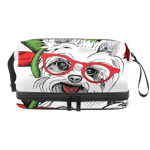 Yorkie Welpe mit Weihnachtsmanngeweih und roter Brille, doppellagige Kosmetiktasche für Frauen und Mädchen, Reise-Kulturbeutel, Make-up, praktische Tasche, Organizer-Tasche mit Bürstenfach, multi, von VAPOKF