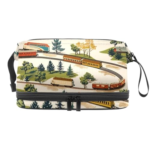 Züge auf dem Land Eisenbahn Doppellagige Kosmetiktasche für Frauen und Mädchen, Reise-Kulturbeutel, Make-up, praktische Tasche, Organizer-Tasche mit Bürstenfach, multi, 27x15x14 cm/10.6x5.9x5.5 in, von VAPOKF