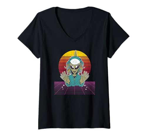 Damen VAPORWAVE STREETWEAR IM RETRO-STIL MIT ALIEN-EINHORN BEI SONNENUNTERGANG T-Shirt mit V-Ausschnitt Damen VAPORWAVE STREETWEAR IM RETRO-STIL MIT ALIEN-EINHORN BEI SONNENUNTERGANG T-Shirt mit V-Ausschnitt von VAPORWAVE SUNSET ALIEN SPACE RETRO NOVELTY APPAREL