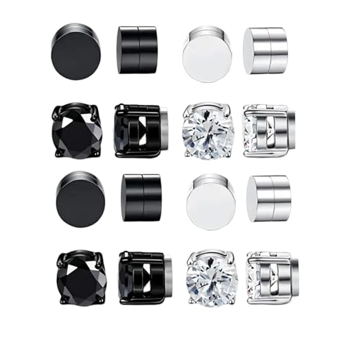 VARKAGE 8 Paare Ohrringe Herren Set, Magnet Ohrringe Damen, Magnet Ohrringe, Magnetohrringe, Intarsien Nicht Durchbohrend, Kein Piercing Magnetische Ohrringe für Herren Mann Damen Silber von VARKAGE