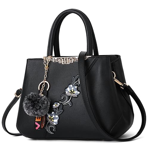 VARLIVOO Handtasche Damen Mittelgroß Elegant Taschen mit Blumenstickerei Leader PU Henkeltasche Frauen Schultertasche Shopper Mit Plüschanhänger fur Reisen Büro Einkauf Schwarze C von VARLIVOO