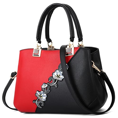 VARLIVOO Handtasche Damen Mittelgroß Elegant Taschen mit Blumenstickerei Leader PU Henkeltasche Frauen Schultertasche Shopper fur Reisen Büro Einkauf Rot von VARLIVOO