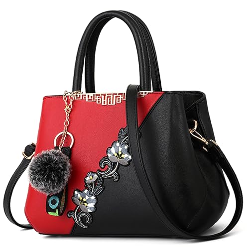 VARLIVOO Handtasche Damen Mittelgroß Elegant Taschen mit Blumenstickerei Leader PU Henkeltasche Frauen Schultertasche Shopper Mit Plüschanhänger fur Reisen Büro Einkauf Rote A von VARLIVOO