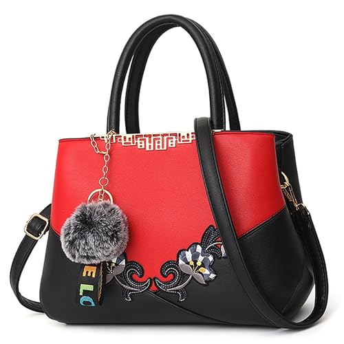 VARLIVOO Damen Handtasche Schultertasche Blumenmuster Frauen Umhängetasche Pom Pom Dekoration Shopper Taschen Damen Crossbody Bag Wasserdicht PU von VARLIVOO