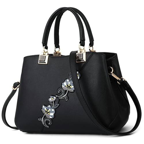 VARLIVOO Handtasche Damen Mittelgroß Elegant Taschen mit Blumenstickerei Leader PU Henkeltasche Frauen Schultertasche Shopper fur Reisen Büro Einkauf Schwarz von VARLIVOO
