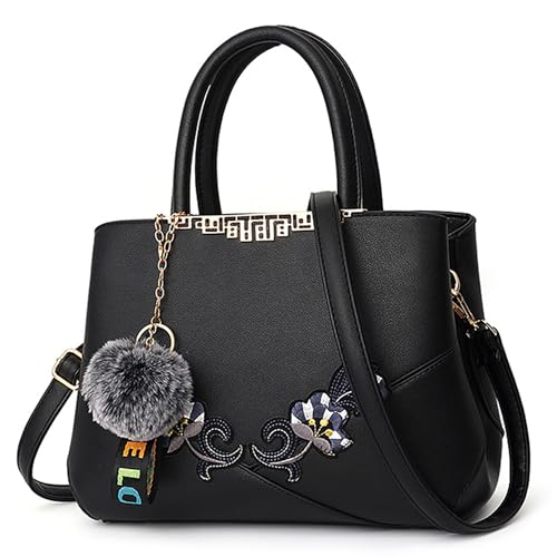 VARLIVOO Handtasche Damen Mittelgroß Elegant Taschen mit Blumenstickerei Leader PU Henkeltasche Frauen Schultertasche Shopper Mit Plüschanhänger fur Reisen Büro Einkauf Schwarze B von VARLIVOO