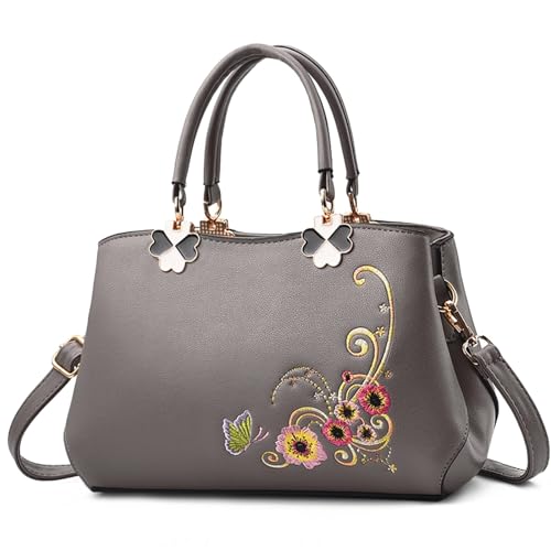VARLIVOO Elegant Damen Handtaschen Stickerei Schultertaschen Frauen Umhängetasche Taschen Reisen Shopper Taschen Damen Taschen Crossbody Bag Arbeit Reisen PU Leder Grau C von VARLIVOO