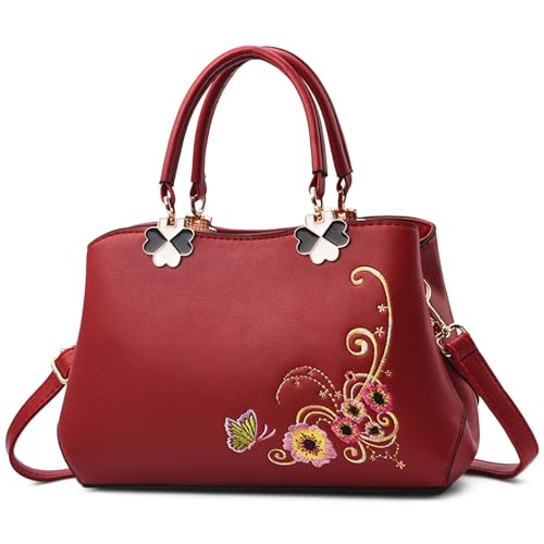 VARLIVOO Elegant Damen Handtaschen Stickerei Schultertaschen Frauen Umhängetasche Taschen Reisen Shopper Taschen Damen Taschen Crossbody Bag Arbeit Reisen PU Leder Rotwein C von VARLIVOO