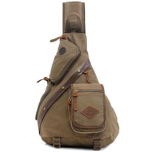 VARLIVOO Herren Sling Bag Crossbody Bag Schultertasche Wandern Reisen Camping Radfahren Bergsteigen Schule Segeltuch Umhängetaschen Sling Rucksack Armeegrün A von VARLIVOO
