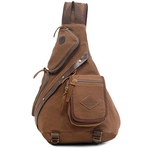VARLIVOO Herren Sling Bag Crossbody Bag Schultertasche Wandern Reisen Camping Radfahren Bergsteigen Schule Segeltuch Umhängetaschen Sling Rucksack Braun A von VARLIVOO