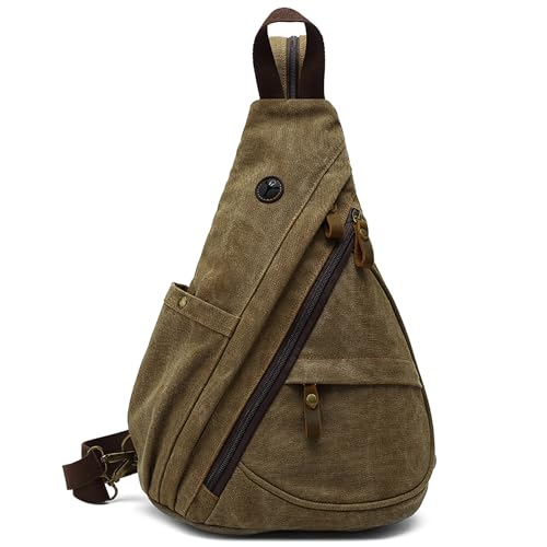 VARLIVOO Herren Sling Bag Crossbody Bag Schultertasche Wandern Reisen Camping Radfahren Bergsteigen Schule Segeltuch Umhängetaschen Sling Rucksack Braun B von VARLIVOO