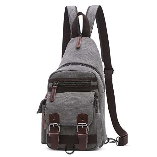 VARLIVOO Herren Sling Bag Retro Crossbody Bag Klein Umhängetaschen Schultertasche Outdoor Sportarten Wandern Reisen Camping Radfahren Bergsteigen Schule Segeltuch Sling Rucksack Grau von VARLIVOO