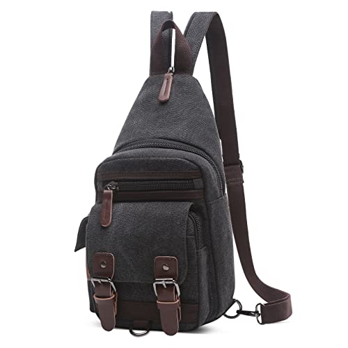VARLIVOO Herren Sling Bag Retro Crossbody Bag Klein Umhängetaschen Schultertasche Outdoor Sportarten Wandern Reisen Camping Radfahren Bergsteigen Schule Segeltuch Sling Rucksack Schwarz von VARLIVOO