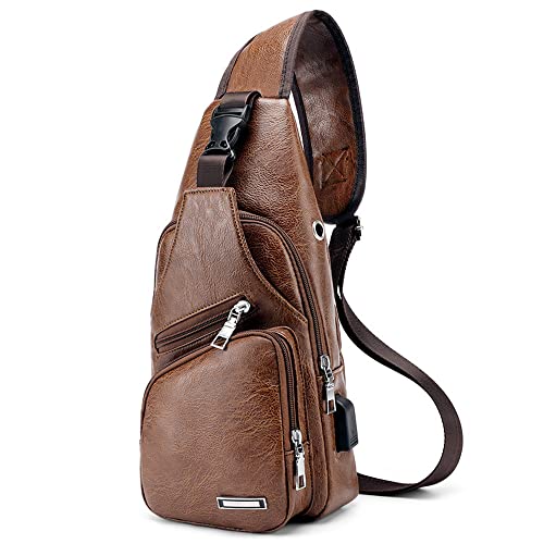 VARLIVOO Herren Sling Bag mit USB Port Brusttasche für Herren Schultertasche Fitness Radfahren Hiking Chest Bag Sporttasche Umhängetaschen Wasserdicht PU Leder Hellbraun von VARLIVOO