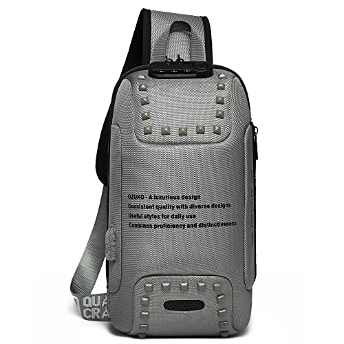 VARLIVOO Herren Sling Bag mit USB Port Passwort Brusttasche für Herren Schultertasche Hiking Sport Fitness Radfahren Niet Chest Bag Umhängetaschen Wasserdicht Polyeste Dunkelgrau von VARLIVOO