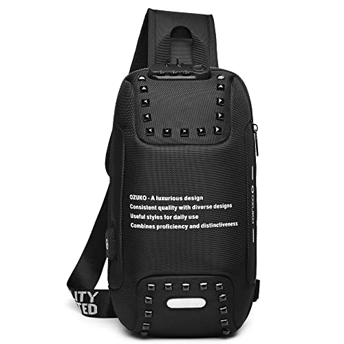 VARLIVOO Herren Sling Bag mit USB Port Passwort Brusttasche für Herren Schultertasche Hiking Sport Fitness Radfahren Niet Chest Bag Umhängetaschen Wasserdicht Polyeste Schwarz von VARLIVOO