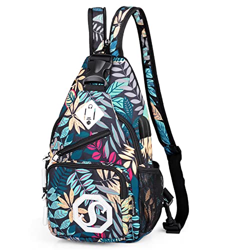 VARLIVOO Mode Damen Sling Bag mit USB-Anschluss Brusttasche Frauen Schultertasche Umhängetaschen Crossbody Bag Hiking Reisen Sling Rucksack Wasserdicht Polyester Blauer von VARLIVOO