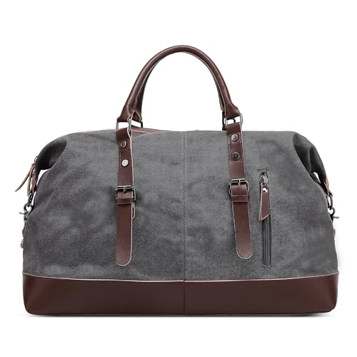 VARLIVOO Reisetaschen Herren Leder Wasserdicht Canvas Weekender Tasche Großen Kapazität Reisetasche Vintage Handgepäck Bag Sporttasche für Kurze Reise am Wochenend Urlaub Grau von VARLIVOO
