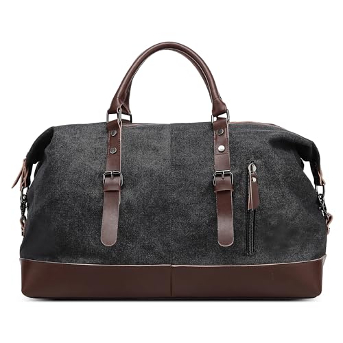 VARLIVOO Reisetaschen Herren Leder Wasserdicht Canvas Weekender Tasche Großen Kapazität Reisetasche Vintage Handgepäck Bag Sporttasche für Kurze Reise am Wochenend Urlaub Schwarz von VARLIVOO