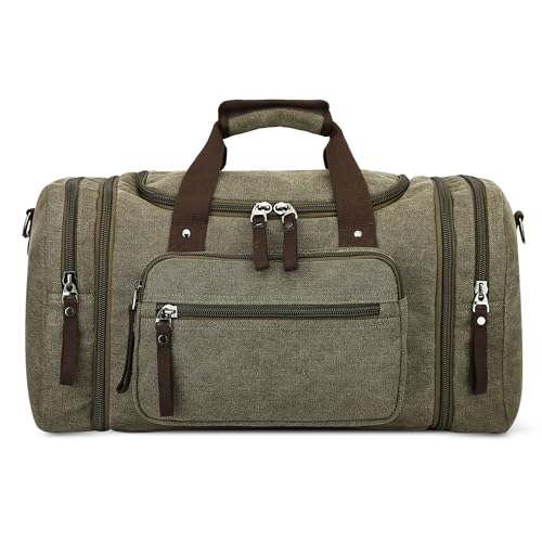 VARLIVOO Reisetaschen Herren Wasserdicht Canvas Reisetasche Handgepäck Großen Kapazität Schultertasch Weekender Tasche Sporttasche mit 2 Seiten Taschen für Erweiterungen Armeegrün von VARLIVOO