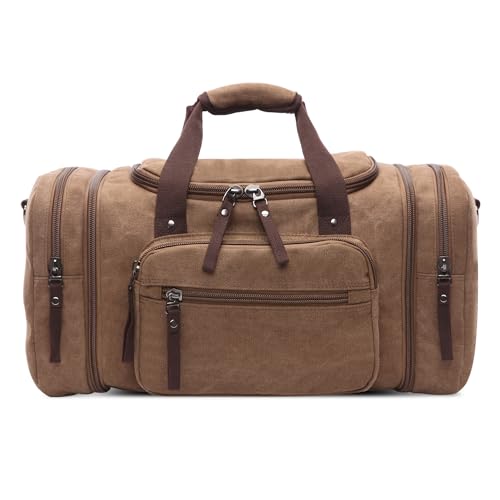 VARLIVOO Reisetaschen Herren Wasserdicht Canvas Reisetasche Handgepäck Großen Kapazität Schultertasch Weekender Tasche Sporttasche mit 2 Seiten Taschen für Erweiterungen Braun von VARLIVOO