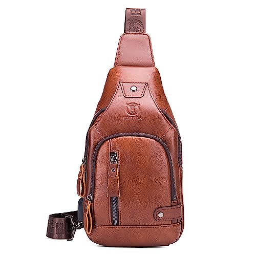 VARLIVOO Retro Brusttasche Herren Echtes Leder Schultertasche mit USB-Ladeanschluss Sling Bag Umhängetasche Anti-Diebstahl Sling Rucksack Crosssbody Bag für Arbeit Reise Wandern Daypack Braun von VARLIVOO