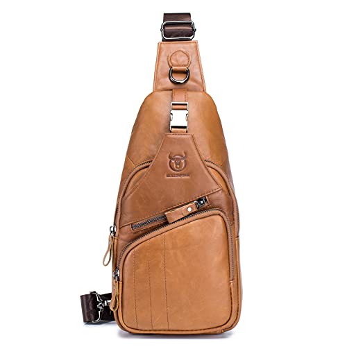 VARLIVOO Retro Herren Sling Bag Crossbody Bag Umhängetaschen Schultertasche Outdoor Sportarten Wandern Reisen Camping Radfahren Bergsteigen Schule Wasserdicht Echtleder Sling Rucksack Gelb L von VARLIVOO