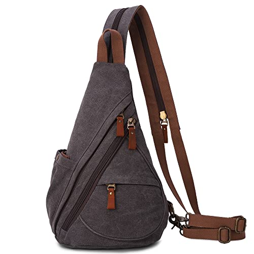 VARLIVOO Retro Herren Sling Bag Damen Crossbody Bag Umhängetaschen Schultertasche Wandern Reisen Camping Radfahren Bergsteigen Schule Segeltuch Sling Rucksack Dunkelgrau von VARLIVOO