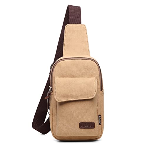 VARLIVOO Retro Sling Bag Damen Herren Canvas Brusttasche Umhängetasche Leichte Schultertasche Klein Anti-Diebstahl Sling Rucksack Outdoor Crossbody Pack für Sport Radfahren Reisen Wandern Khaki von VARLIVOO