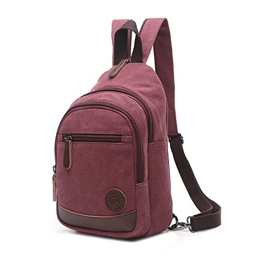 VARLIVOO Retro Sling Bag Herren Crossbody Bag Umhängetaschen Schultertasche Outdoor Sportarten Wandern Reisen Camping Radfahren Bergsteigen Schule Segeltuch Sling Rucksack Rotwein von VARLIVOO