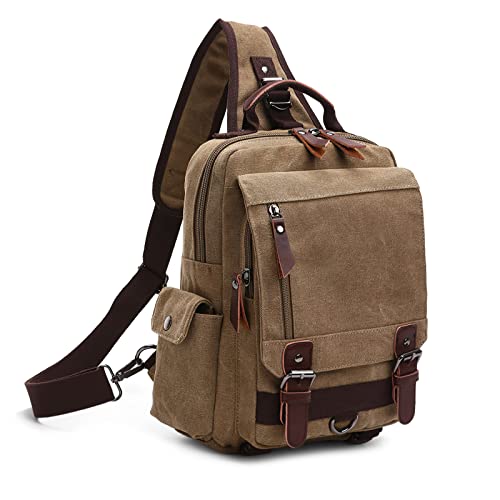 VARLIVOO Retro Sling Bag Herren Damen Crossbody Bag Umhängetaschen Schultertasche Wandern Reisen Camping Radfahren Bergsteigen Schule Segeltuch Rucksack Khaki A von VARLIVOO