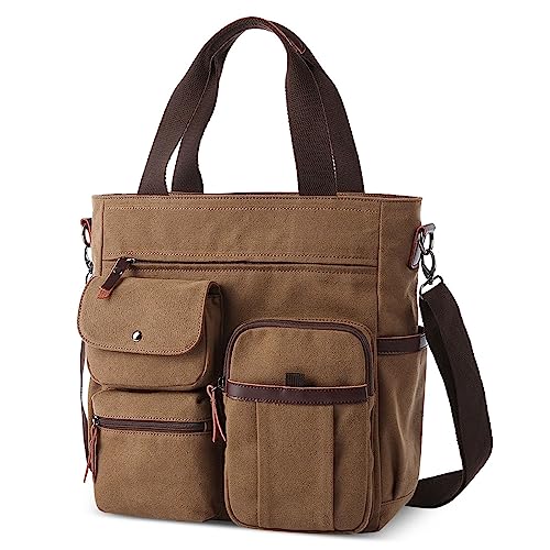 VARLIVOO Retro Umhängetasche Herren Schultertasche Kuriertasche 14 Zoll Laptop Tasche Messenger Bag Canvas Multi-Tasche Aktentasche für Arbeit Schule Reise Kaffee von VARLIVOO