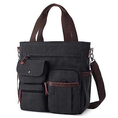 VARLIVOO Retro Umhängetasche Herren Schultertasche Kuriertasche 14 Zoll Laptop Tasche Messenger Bag Canvas Multi-Tasche Aktentasche für Arbeit Schule Reise Schwarz von VARLIVOO
