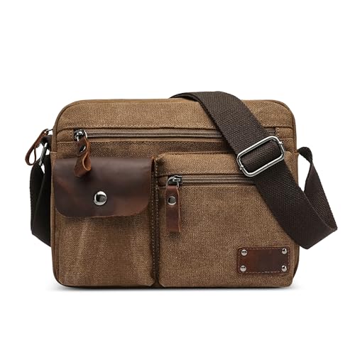 VARLIVOO Umhängetasche Herren Vintage Kuriertasche mit Verstellbarem Schultergurt Tagesrucksack Messenger Bag für Arbeit Schule Reisen Leinwand Braun von VARLIVOO