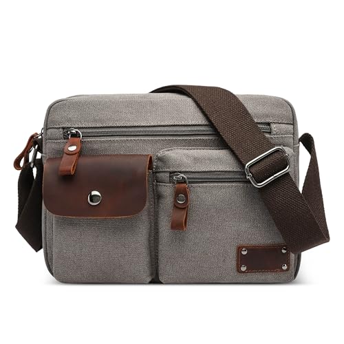 VARLIVOO Umhängetasche Herren Vintage Kuriertasche mit Verstellbarem Schultergurt Tagesrucksack Messenger Bag für Arbeit Schule Reisen Leinwand Grau VARLIVOO Umhängetasche Herren Vintage Kuriertasche mit Verstellbarem Schultergurt Tagesrucksack Messenger Bag für Arbeit Schule Reisen Leinwand Grau von VARLIVOO
