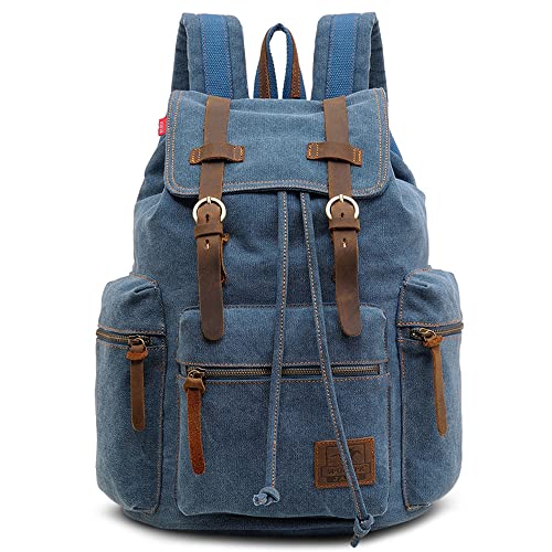 VARLIVOO Vintage Herren Rucksack Schulrucksack 15,6 Zoll Laptop Student College Tagesrucksack Reisen Outdoorsport Wandern Radfahren Bergsteigen Taschen Segeltuch Blau von VARLIVOO