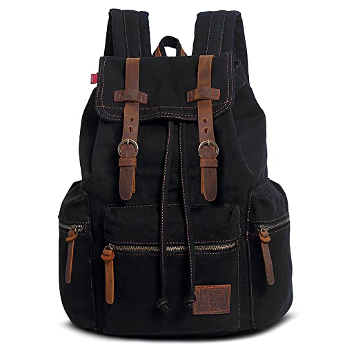 VARLIVOO Vintage Herren Rucksack Schulrucksack 15,6 Zoll Laptop Student College Tagesrucksack Reisen Outdoorsport Wandern Radfahren Bergsteigen Taschen Segeltuch Schwarz von VARLIVOO