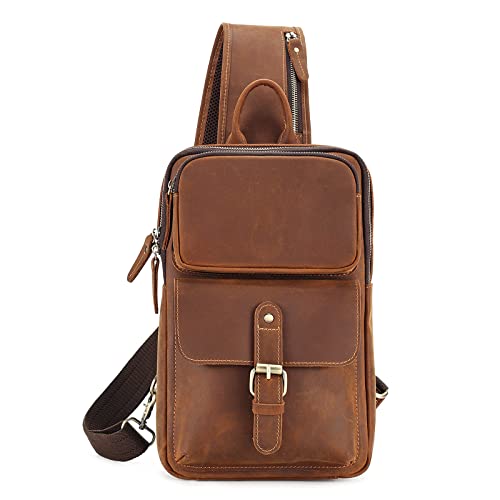 VARLIVOO Vintage Leder Brusttasche Herren Schultertasche Anti-Diebstahl Sling Rucksack Umhängetasche Sling Bag Crosssbody Bag Casual Daypack für Arbeit Reise Outdoor Radfahren Braun von VARLIVOO