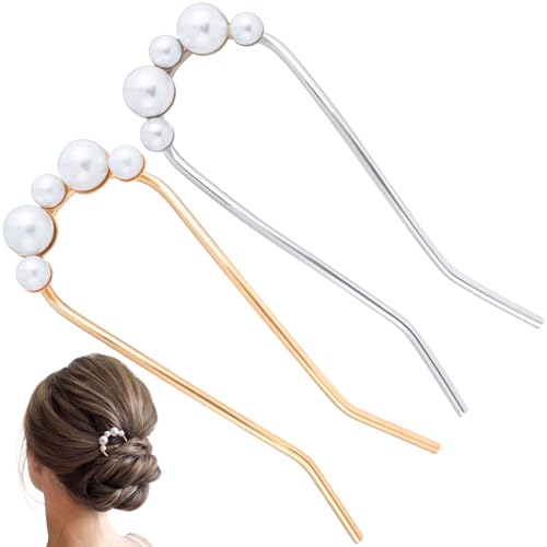 VARMDUKKE Französische Perlen-Haarnadeln für Damen, goldfarben, silberfarben, U-förmige Haarspangen, Metall, große französische gedrehte Haarnadel, elegantes Haar-Accessoire für dickes langes Haar, 2 von VARMDUKKE