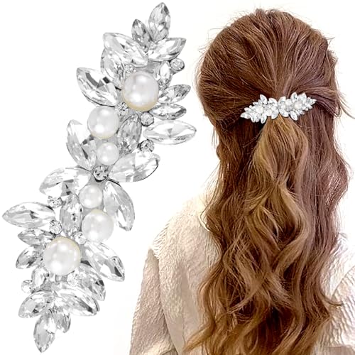 VARMDUKKE Strass-Perlen-Haarspangen, Kristall-Haarspangen für Hochzeiten, silberfarbene französische Haarspangen für Frauen, dickes langes Haar, glitzernde Haarnadeln für Braut, Hochzeit (1 Stück) von VARMDUKKE